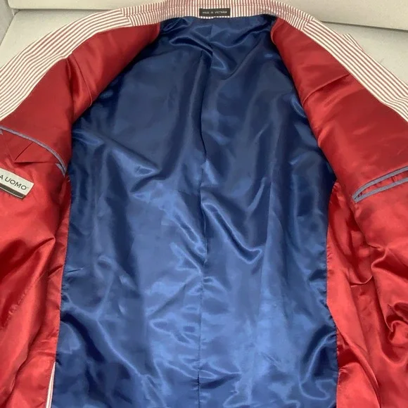 Linea Uomo Blazer Mens 44L Red White Seersucker Cotton Sport Coat Jacket Summer